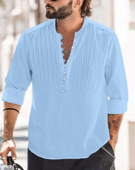 Casual Comfort: Cotton and Linen Men's Standing Collar Shirt
