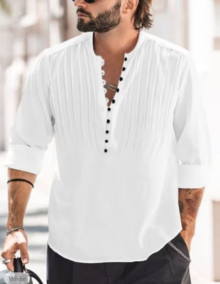 Casual Comfort: Cotton and Linen Men's Standing Collar Shirt